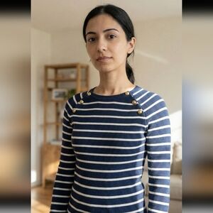 Lauren Ralph Women’s Preppy Nautical Navy & White Ribbed Striped Shirt – Size M